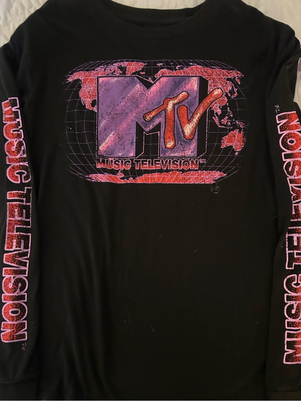 MTV Black Tee with Purple Block Logo and Red Accent